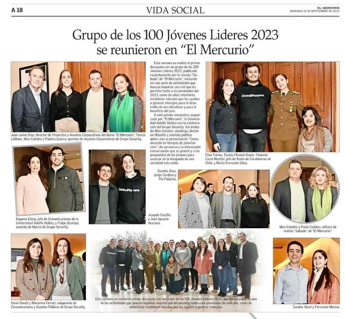 Recorte de El Mercurio con la reunión del grupo de los 100 Jóvenes Líderes 2023.