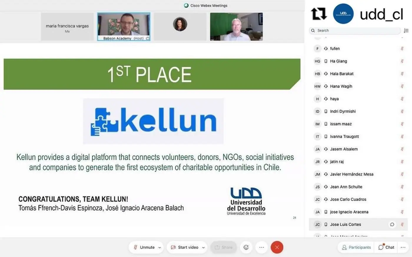 Pantalla de videollamada anunciando el primer lugar de Kellun con el texto 1st Place y los nombres del equipo.