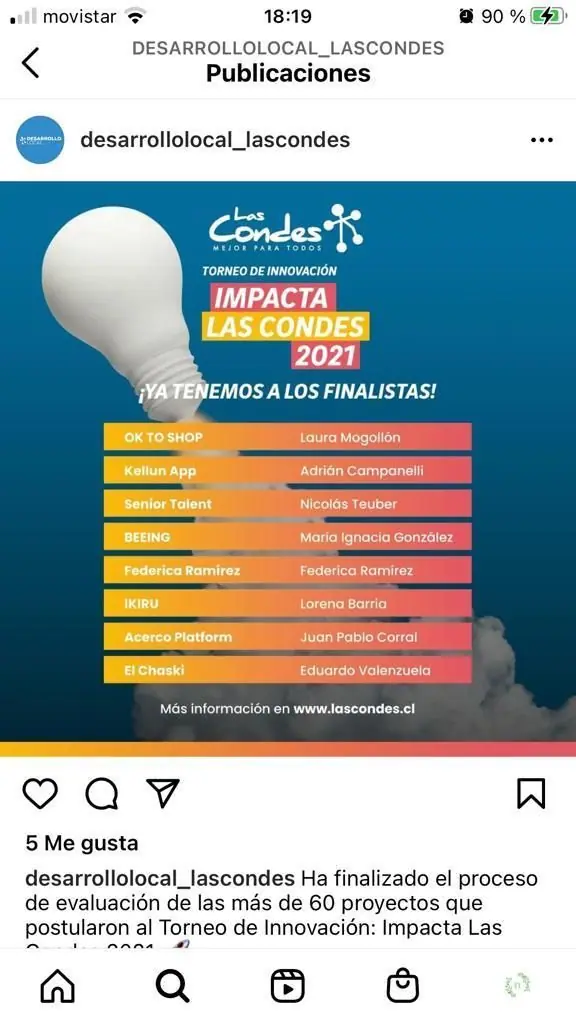 Publicación de Impacta Las Condes 2021 con la lista de proyectos finalistas, entre ellos Kellun App.