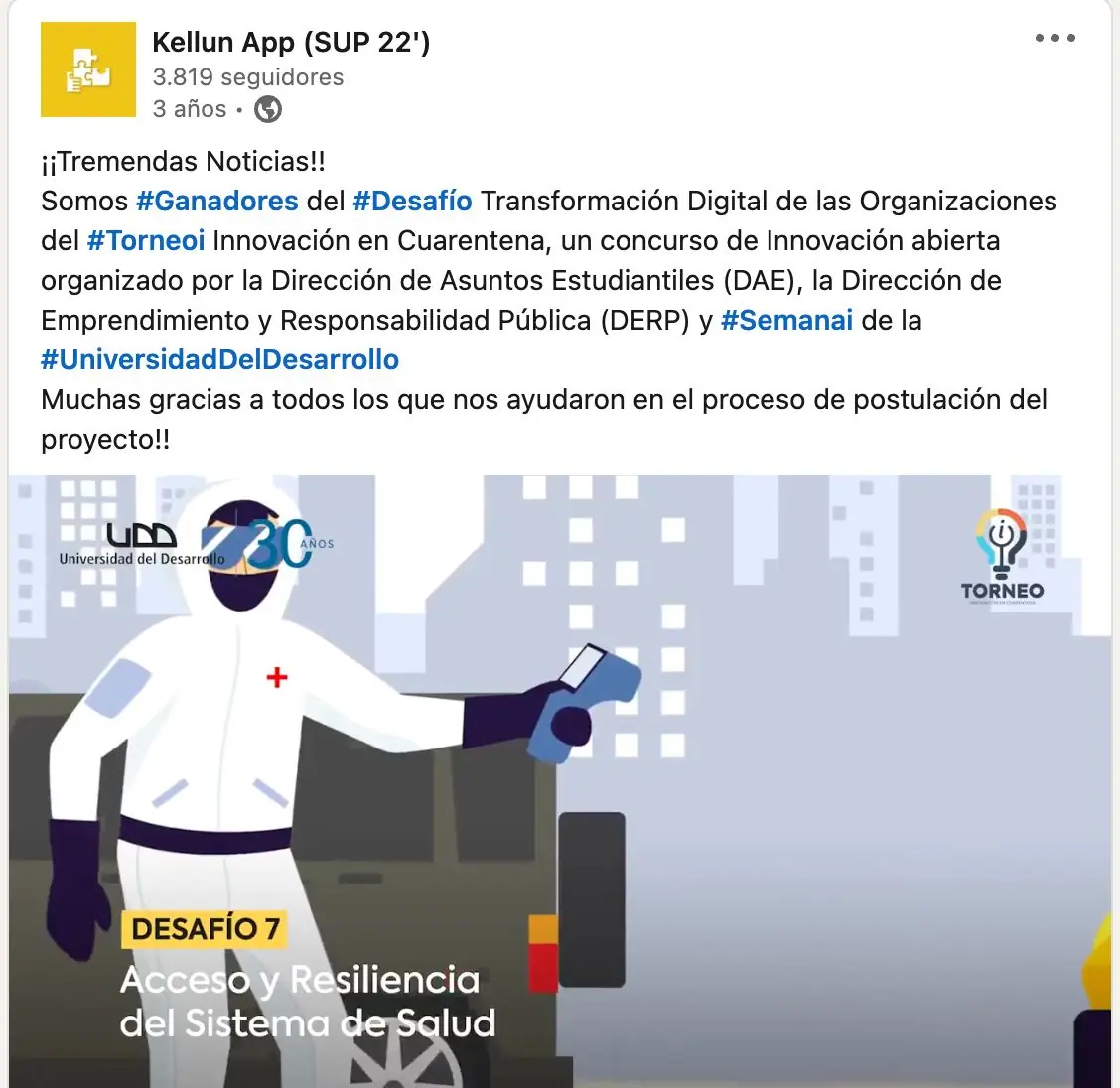 Publicación de Kellun App anunciando que ganaron el desafío del Torneo Innovación en Cuarentena de la UDD.