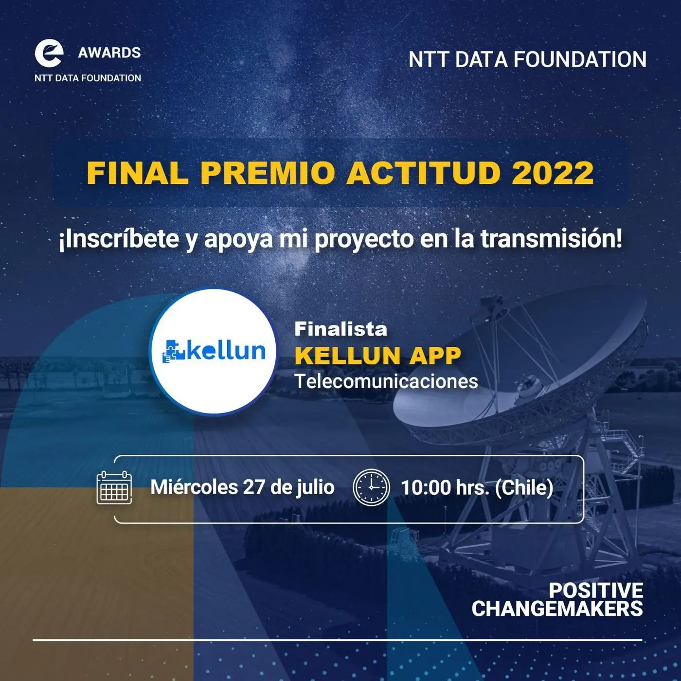 Afiche de la final de Premios Actitud 2022 anunciando a Kellun App como finalista en Telecomunicaciones.