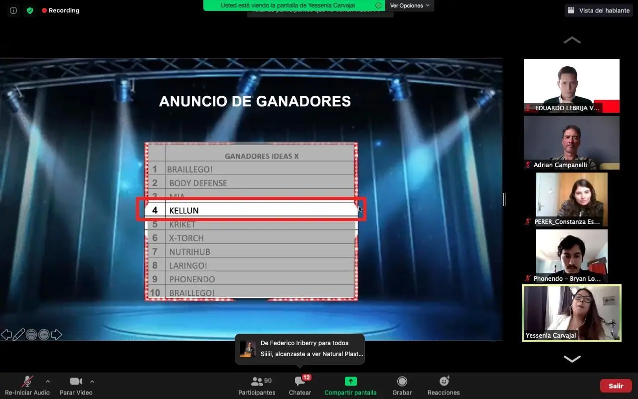 Pantalla del anuncio de ganadores de Ideas X con Kellun en la lista.